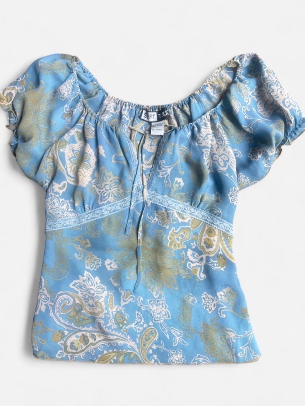 Y2K Soft Touch Blue Paisley Print V-Neck top w Puff Sleeves Tie Detail Sz Large